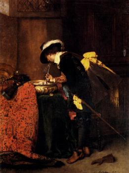 Ferdinand Roybet : A Cavalier Lighting A Pipe